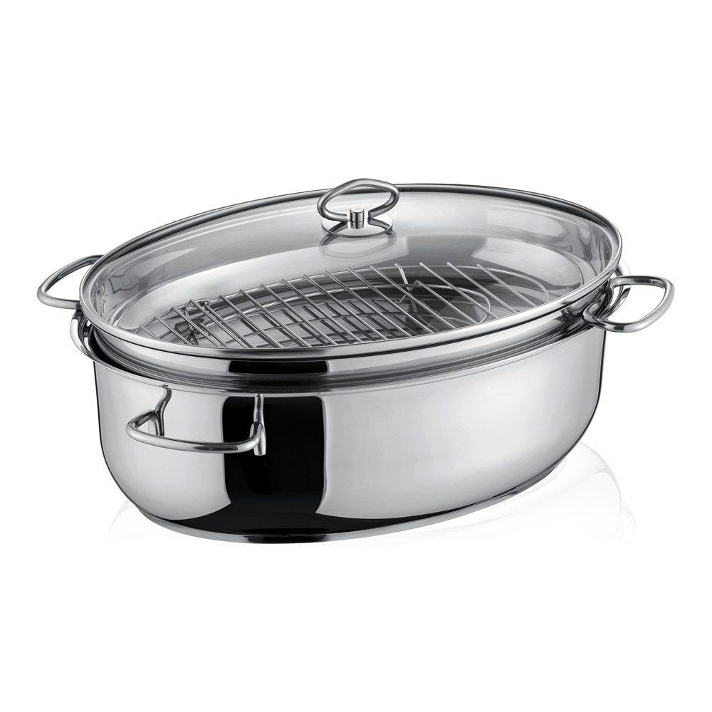 BERNDES ovaler Edelstahlbräter, 3-in-1 inkl. Glasdeckel + Gitter 618037